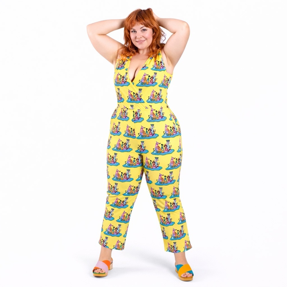 NWOT NOOWORKS S Sonny Suit Wrap Front 0327 Jumpsuit Dog Party Print Yellow Small